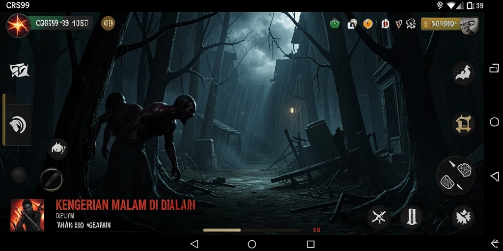 Screenshot menunjukkan pemain dalam kegelapan, dikelilingi oleh makhluk horor.