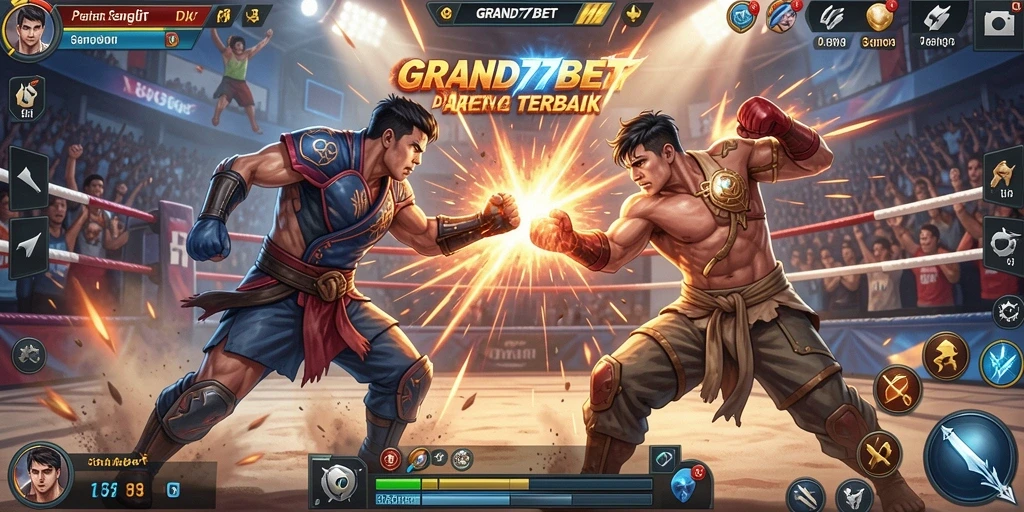 Screenshot GRAND77BET menampilkan pertarungan seru dengan karakter yang beraksi cepat.