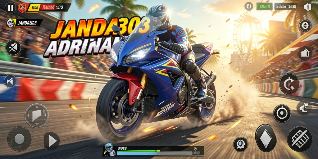 Screenshot gameplay JANDA303 menampilkan balapan motor yang intens dan mendebarkan.