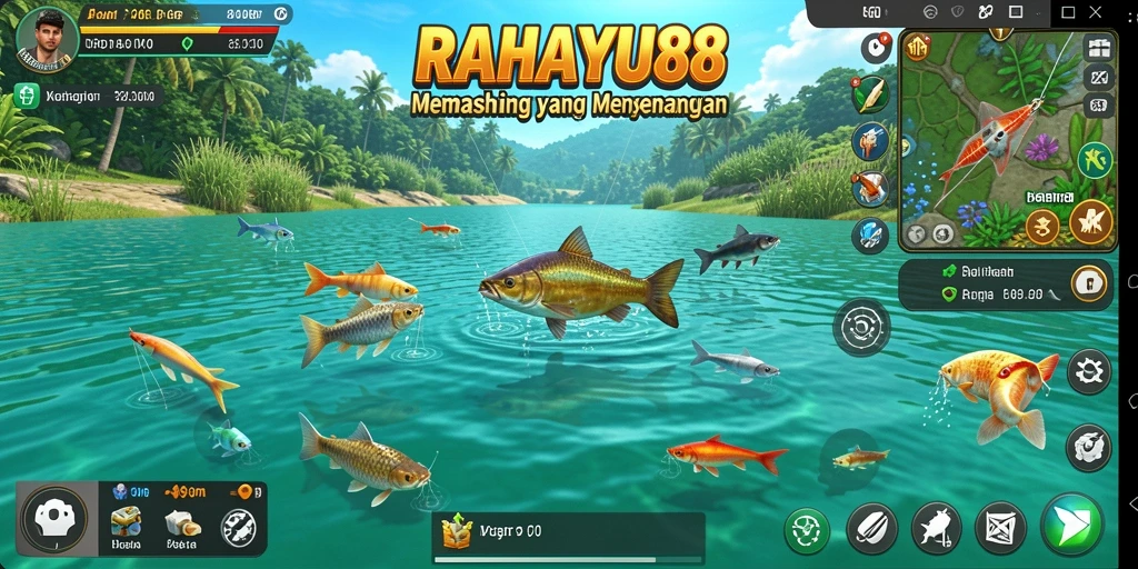 Tampilan menarik gameplay RAHAYU88 dengan memancing di danau yang indah.