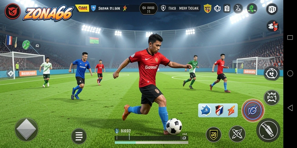 Tampilan gameplay ZONA66 yang mendebarkan saat pertandingan sepak bola.